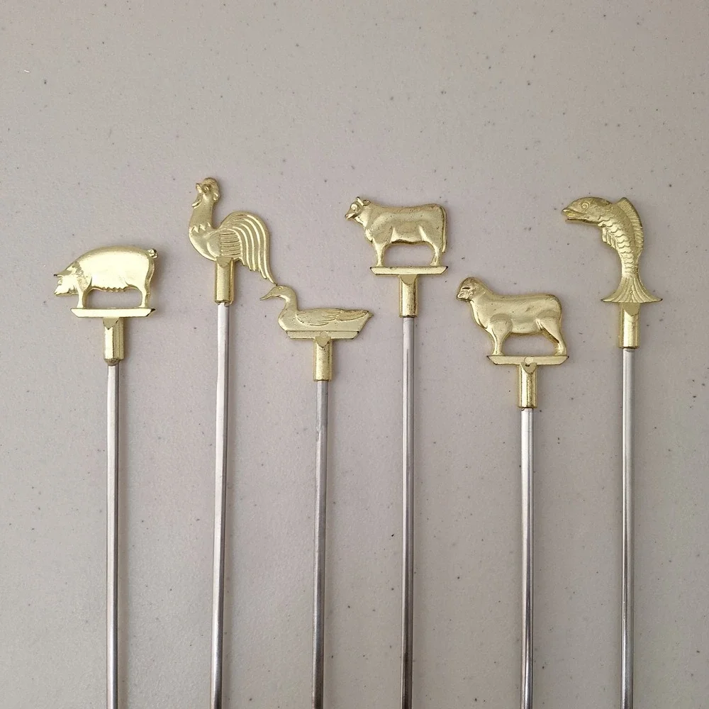 Vintage Set Of 6 Brass Skewers Tops Farm Animals 15
